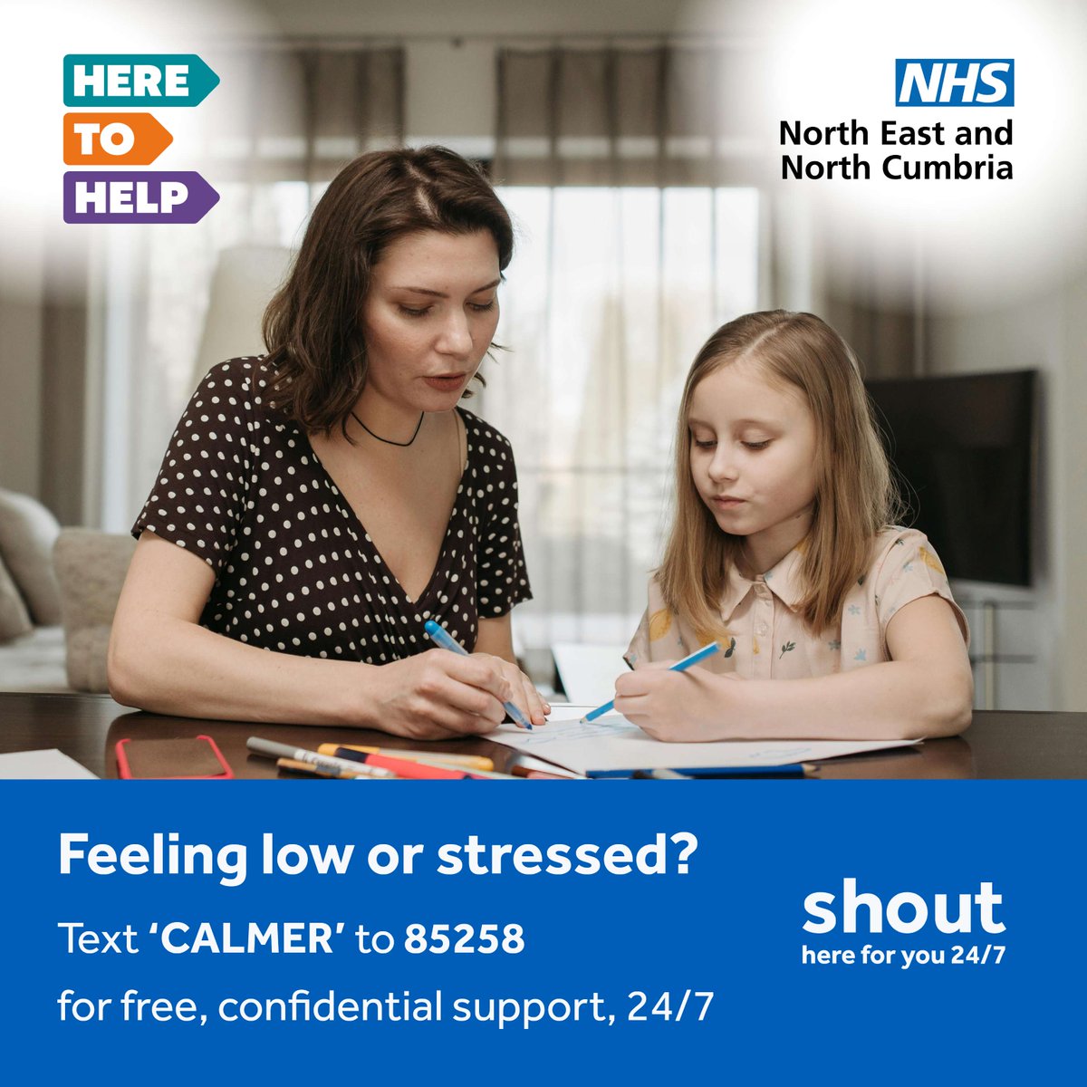 Feeling low or stressed? Text ‘CALMER’ to 85258 to connect with Shout for a text conversation that’s free, confidential and available 24/7.