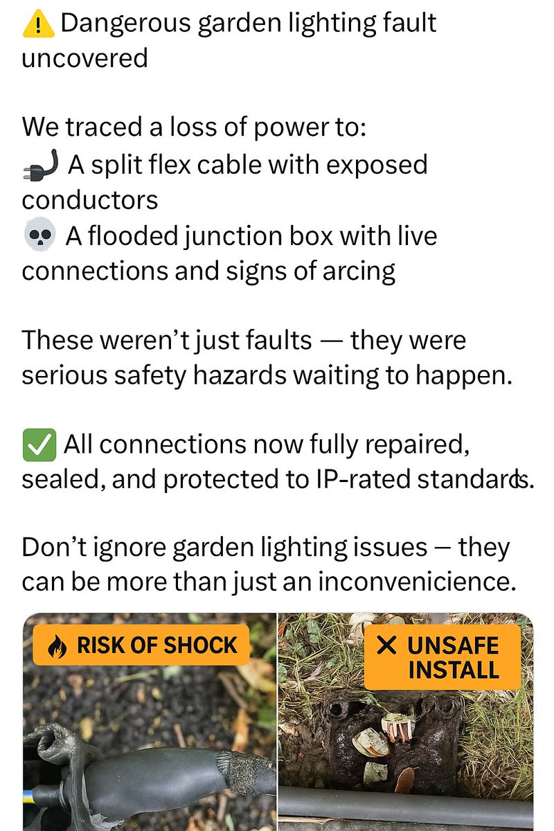 MattersGroup's tweet photo. ⚠️ Dangerous garden lighting fault uncovered

These weren’t just faults — they were serious safety hazards waiting to happen.

#ElectricalSafety #GardenLighting #MattersGroup #FoundandFixed https://t.co/rHTK3LMERQ