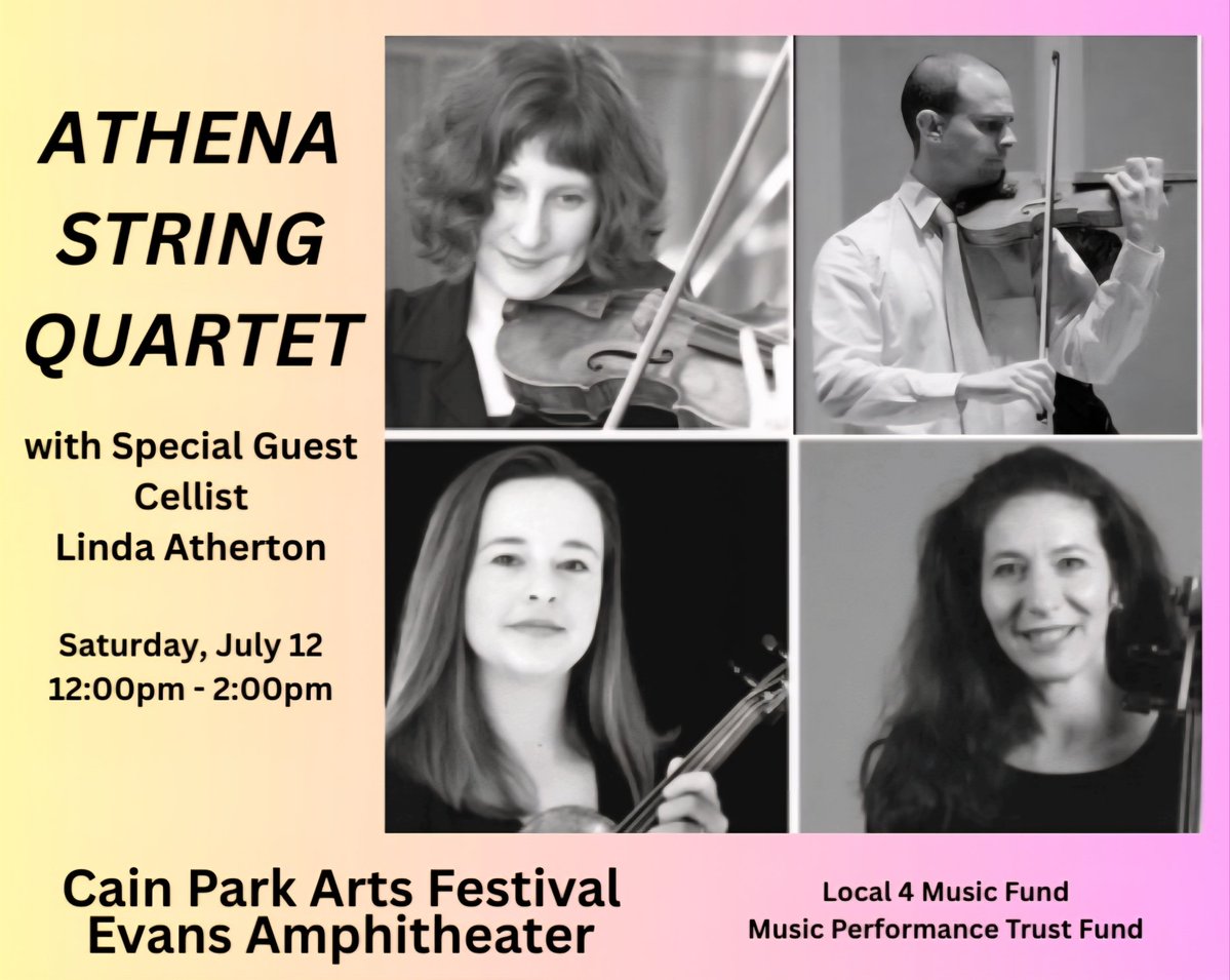 local4afm's tweet image. The Athena String Quartet with special guest Linda Atherton (12pm), Christopher Burge Trio (2:45pm) and The AirChiefs (5:30pm) will perform Saturday, July 12 at the @CainPark Arts Festival. Free Admission! #LiveMusic #Arts #UnionMusicians