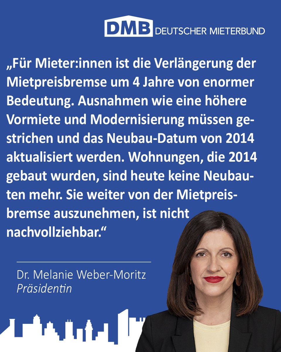 Dass nun auch der <a href="/bundesrat/">Bundesrat</a> den Weg für die Verlängerung der #Mietpreisbremse freigemacht hat, nannte DMB-Präsidentin <a href="/mwebermoritz/">Melanie Weber-Moritz</a> erfreulich. Die bloße Verlängerung der aktuellen Regelungen bis zum 31.12.2029 reiche aber nicht aus! 👉 mieterbund.de/aktuelles/meld…