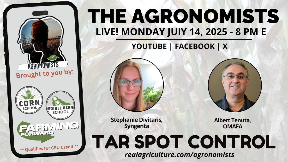 RealAgriculture (@realagriculture) on Twitter photo This Monday at 8 PM E, The Agronomists talk all about tar spot from life cycle to how to manage it! Host @RealLoudLyndsey is joined by <a href="/DivitarisS/">Stephanie Divitaris</a> of <a href="/Syngenta/">Syngenta</a> and <a href="/AlbertTenuta/">Albert Tenuta</a> of <a href="/AgricultureON/">Ontario Agriculture, Food and Agribusiness</a> for the discussion!
πΊ Tune in & bring your questions!
RealAgriculture.com/live This Monday at 8 PM E, The Agronomists talk all about tar spot from life cycle to how to manage it! Host @RealLoudLyndsey is joined by <a href="/DivitarisS/">Stephanie Divitaris</a> of <a href="/Syngenta/">Syngenta</a> and <a href="/AlbertTenuta/">Albert Tenuta</a> of <a href="/AgricultureON/">Ontario Agriculture, Food and Agribusiness</a> for the discussion!
πΊ Tune in & bring your questions!
RealAgriculture.com/live
