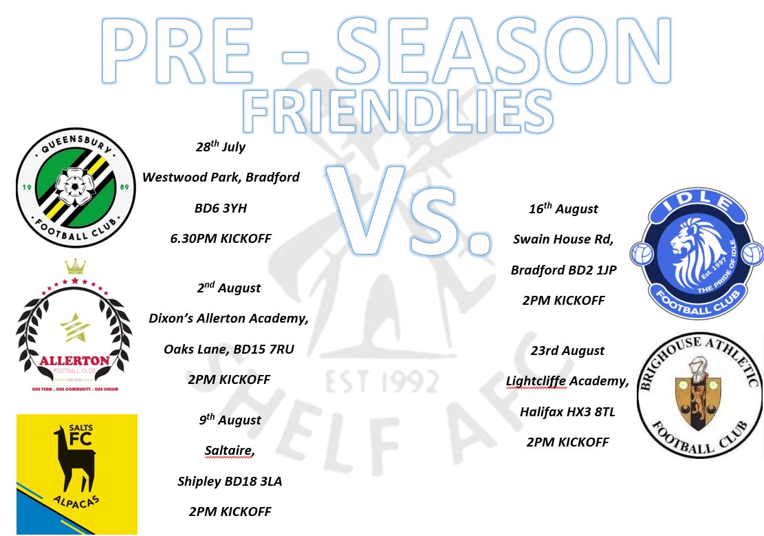 Shelf AFC (@shelf_afc) on Twitter photo Preseason friendlies now all booked in and confirmed Queensbury FC <a href="/officialsaltsfc/">Salts F.C.</a> <a href="/Allertonfc1/">AllertonFC</a> <a href="/IdleFC/">Idle FC</a> <a href="/hd6athletic/">BRIGHOUSE ATHLETIC</a> Preseason friendlies now all booked in and confirmed Queensbury FC <a href="/officialsaltsfc/">Salts F.C.</a> <a href="/Allertonfc1/">AllertonFC</a> <a href="/IdleFC/">Idle FC</a> <a href="/hd6athletic/">BRIGHOUSE ATHLETIC</a>