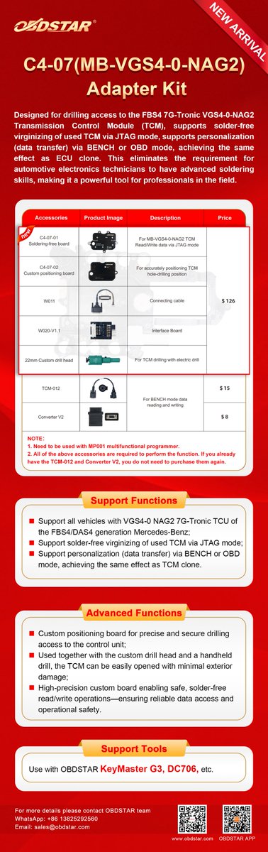 No soldering. No stress.🙌The C4-07 MB-VGS4-0-NAG2 Adapter Kit makes TCM virginizing and personalization simple—BENCH, OBD, and JTAG ready.🎉🎉🎉

#ECUTool #TCMClone #AutoTech #FBS4