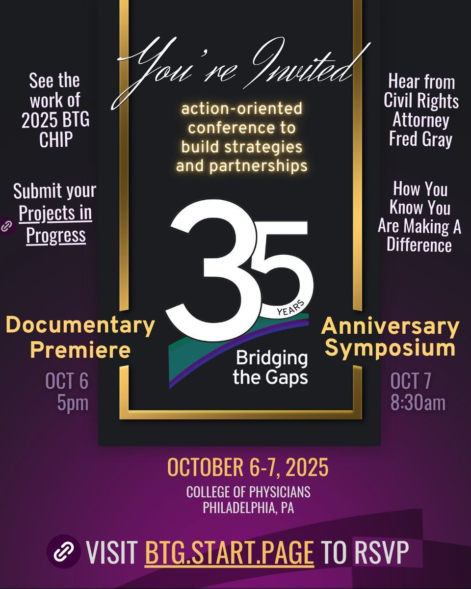 BTGUpdates's tweet photo. 📩 RSVP for #BTG35 on October 6-7, 2025 - an action-oriented conference to build strategies &amp; partnerships, in honor of our 35th anniversary: https://t.co/wPxeJ1nbvG

#BTGdocumentary premieres the evening of Oct 6, followed by a day of interactive #BTGsymposium sessions on Oct 7! https://t.co/G2G5Z22rm7