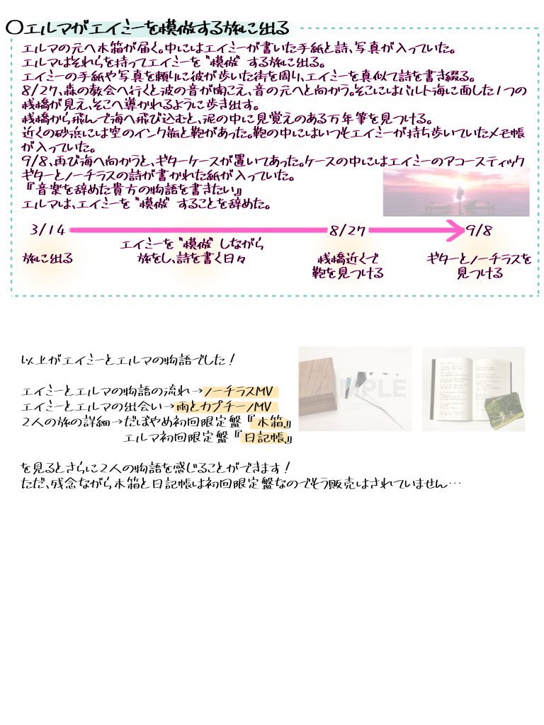 ヨルシカアルバム時系列考察
エイミーとエルマの物語まとめ

※初回限定盤付録の内容を含みます
※一部個人の解釈を含みます
※文字数がとんでもないです

⚠️過去に投稿したものなのをツリーにまとめただけなので若干の解釈違いがあります