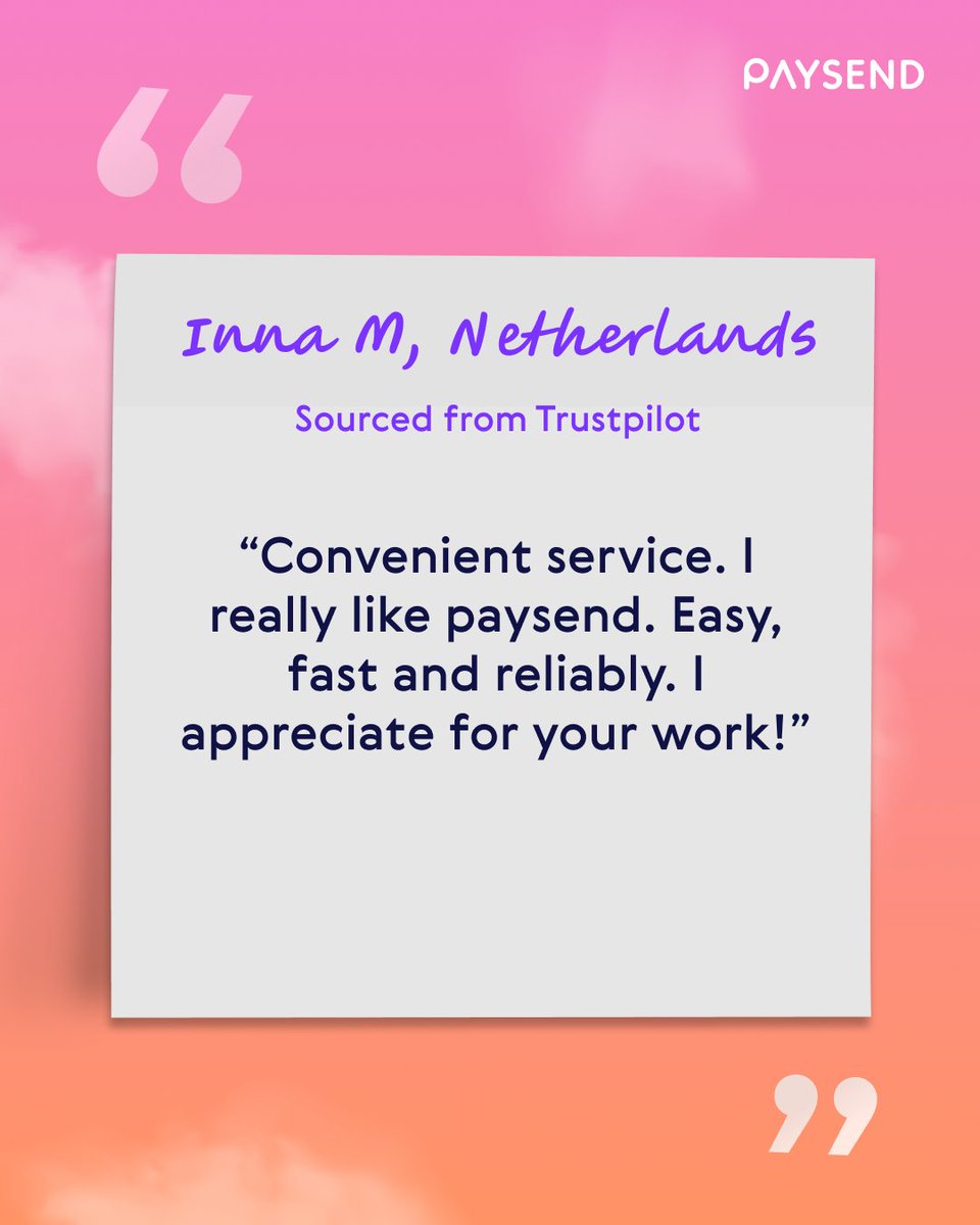 Thank you Inna!

There’s a reason over 10 million people choose Paysend. But don’t just take our word for it. Thank you for the five-star review! ⭐⭐⭐⭐⭐

#realreviews #customerreviews #paysendreviews #paysend