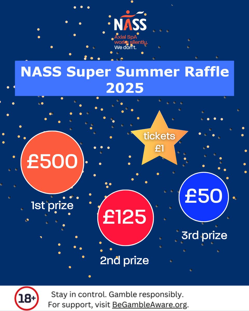 NASS (@nassexercise) on Twitter photo Enter the #NASSSuperSummerRaffle! Each year, 3 lucky winners receive £500, £125, and £50. Every ticket purchase contributes to our mission of reducing the time to diagnosis and providing essential support and information to people living with axial SpA: buff.ly/118QoGn Enter the #NASSSuperSummerRaffle! Each year, 3 lucky winners receive £500, £125, and £50. Every ticket purchase contributes to our mission of reducing the time to diagnosis and providing essential support and information to people living with axial SpA: buff.ly/118QoGn