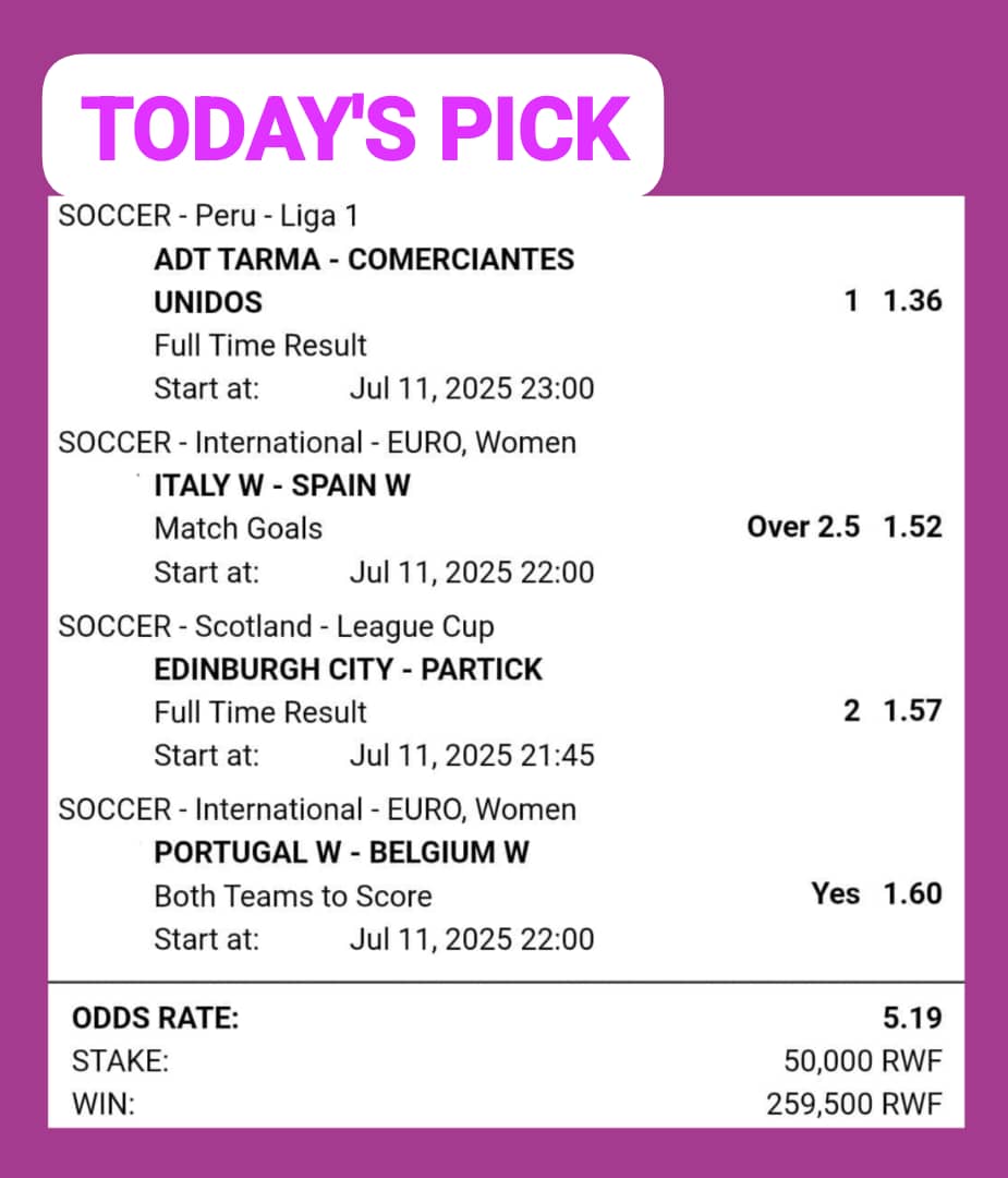 Todayz_Pick's tweet image. FRIDAY PICK...........
TOTAL ODDS: 5+🔥
80% Trusted.................
BetPAWA: 86QU8U2
betpawa.ug/?bookingCode=8…