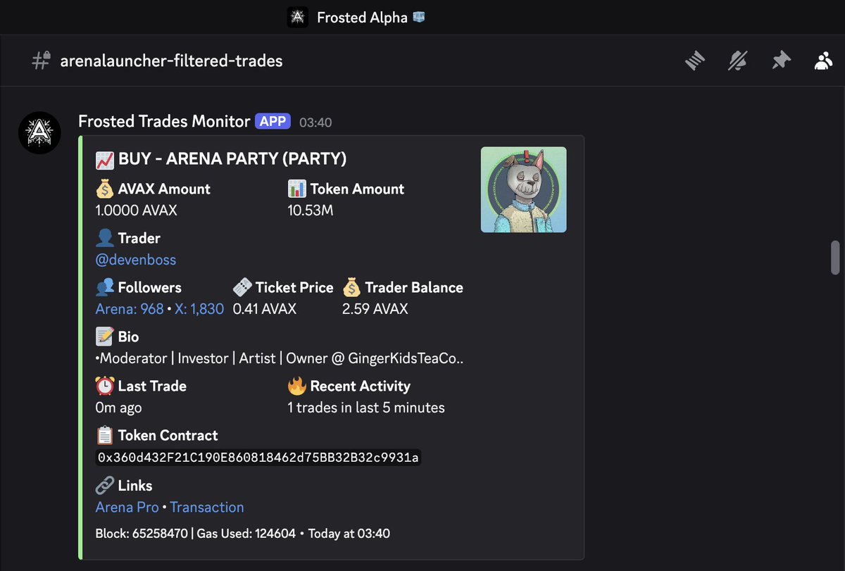 Introducing: Arena launcher filtered trades bot

Meet our newest Discord bot that watches the Arena token launcher contract and fires off real-time alerts for trades over 1 AVAX. Filtered, enriched, and ready to print alpha.

🧵👇
