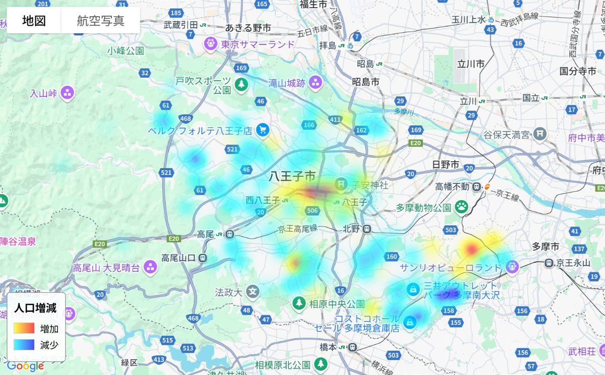 八王子未来共創プロジェクト研究で、八王子市の各地域の人口変化がどうなっているか気になったので、町丁別の人口 増減(2021→2025年)を調べて、GoogleマップのAPIでヒートマップ化してみました。 全体では人口減少しているものの、増加しているエリアも  やはり八王子駅 ...