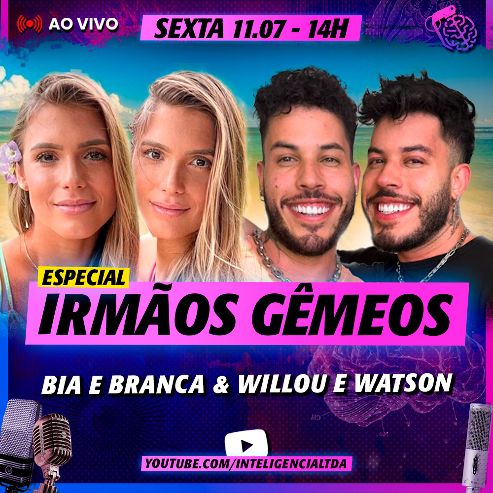 BIA e BRANCA FERES são ex-atletas do nado sincronizado, apresentadoras e modelos, e WILLOU e WATSON ALVES são YouTubers e humoristas. Eles vão bater um papo sobre a vida de gêmeos idênticos. O Vilela não tem gêmeo. Ainda bem, um só já é suficiente.