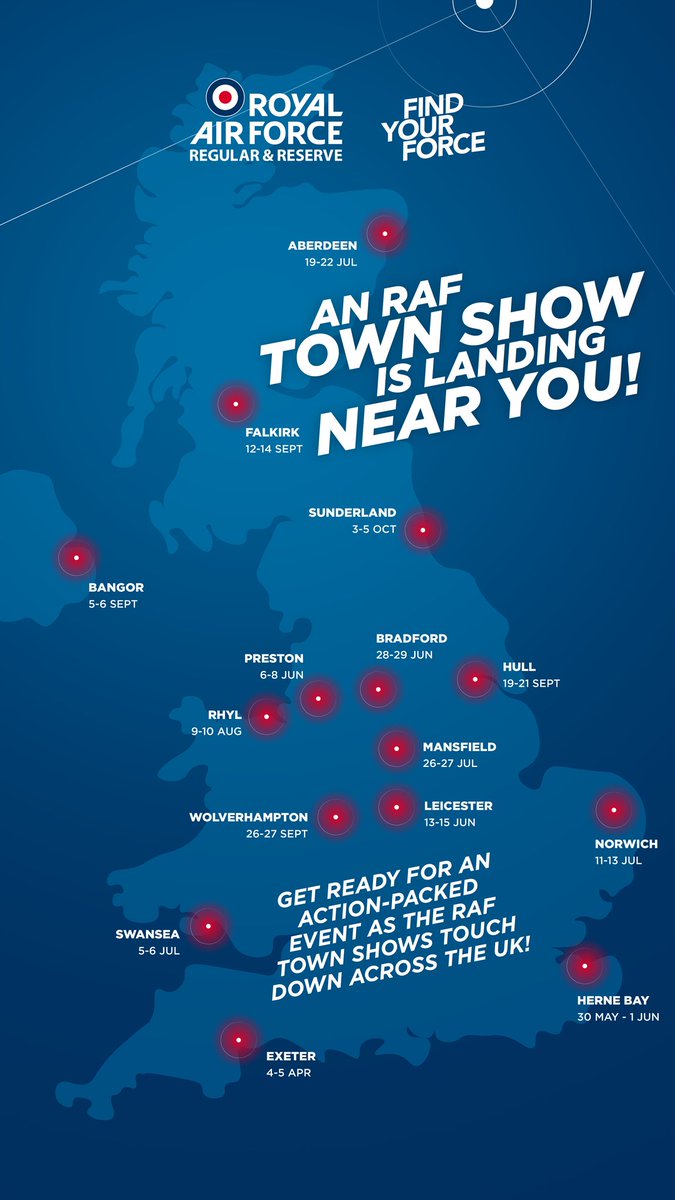 RAF Recruitment 
Join us in Norwich this weekend and learn more about a career in the RAF! This summer we are hosting Town Shows all over the country, so catch us at one of the below locations.
See more: jobs.raf.mod.uk/40tY73V
@ RAFHIVE @Royal Air Force