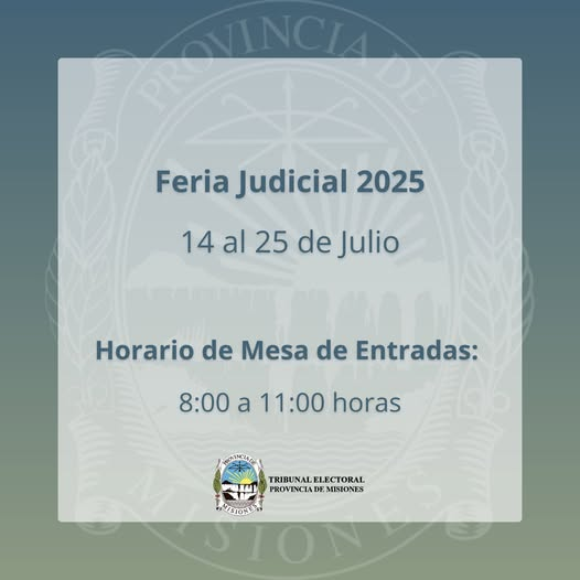 📌 Feria Judicial - Julio 2025

✅ Les recordamos realizar consultas a través de nuestros canales digitales oficiales.

#TEPM #TribunalElectoralMisiones #FeriaJudicial #TribunalElectoralMisiones #AtenciónAlPúblico #Misiones