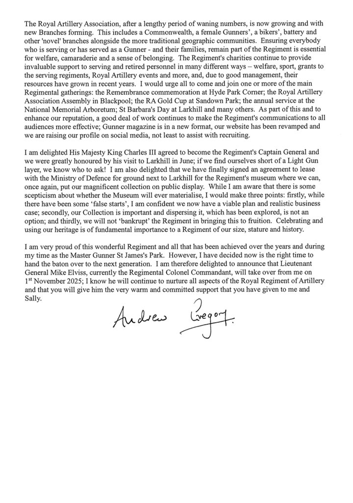 A letter to the Royal Regiment from The Master Gunner St James’s Park.
