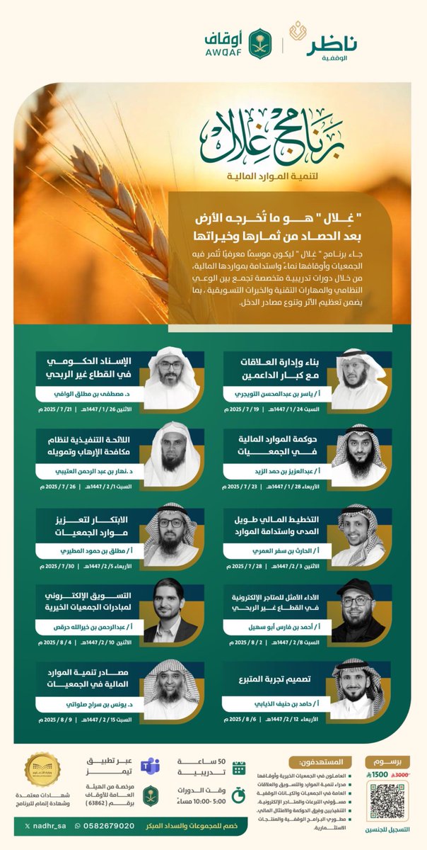 nadhr_sa's tweet photo. #ناظر_الوقفية
تعلن عن برنامج: #غلال
(برنامج تدريبي متخصص ييجمع بين الوعي النظامي والمهارات التقنية والخبرات التسويقية، بما يضمن تعظيم الأثر وتنوع مصادر الدخل)
#ق3 https://t.co/aC6g1uk7Ft
