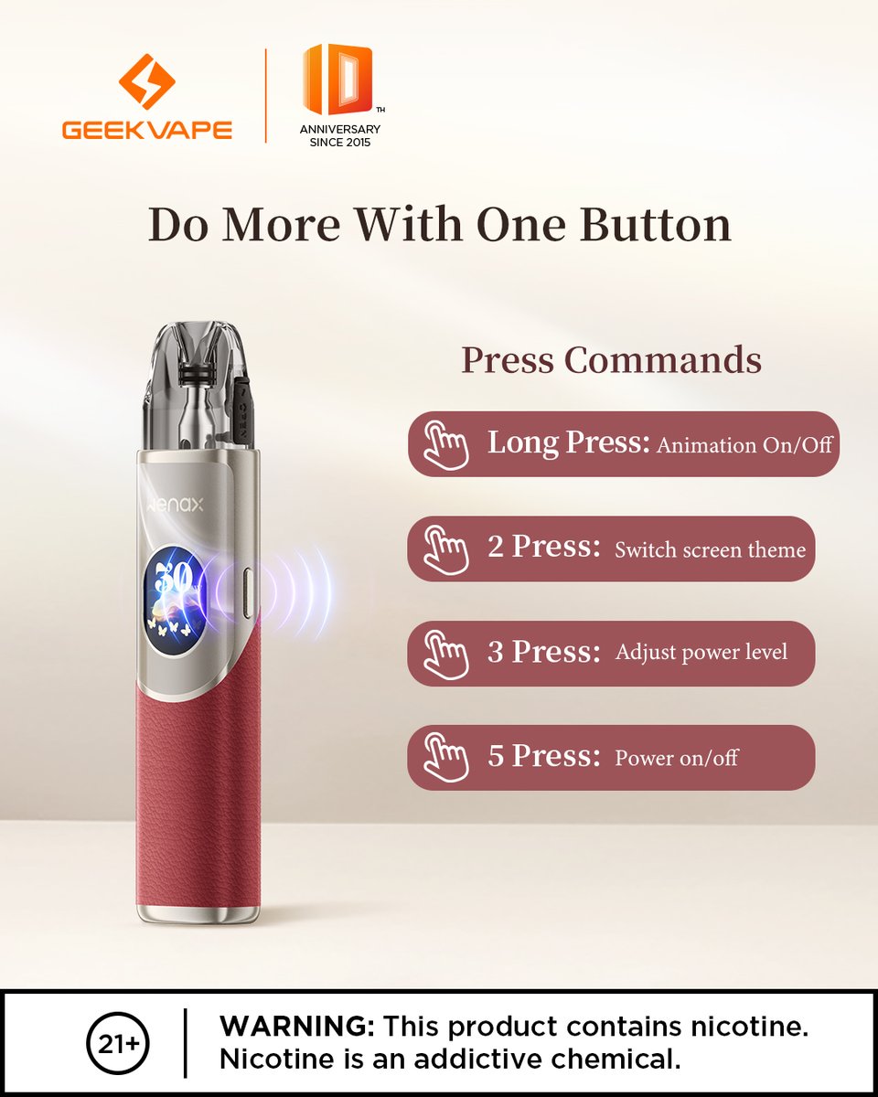 GeekvapeTech's tweet photo. One button, endless possibilities. 🔘
✨ Long press to toggle animations
✨ 2 presses to switch UI style
✨ 3 presses to adjust power
✨ 5 presses to turn it on/off

All your preferences, just a few clicks away.

#WenaxQ2 #Geekvape #Geekvape10th #geekvp #VapeDesign #VapeLife #vapecommunity