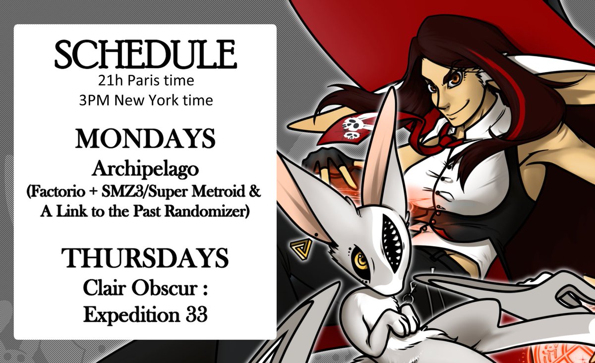 rachel_almarane's tweet image. Here's our new streaming schedule, starting 14th of July ! 💀🐰
We're streaming every Monday and Thursday at 21h Paris (3PM New York when it's not time change season). You can see our streams on #Youtube : youtube.com/@AlmaraneStrea…
#VTuber #ENVTuber #VTuberUprising #stream #games