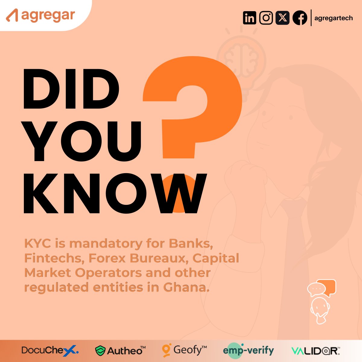 Agregartech's tweet photo. Did you know... 

KYC regulations are mandatory for #banks, #fintechs, #forex bureaux, #capital market operators, and other regulated entities in Ghana.

Contact us at info@agregartech.com for all your KYE, KYC, and KYB verification needs. https://t.co/3GNbRBJ6Dr