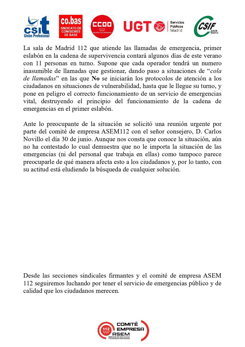 La falta de personal esta poniendo en grave riesgo el funcionamiento de los servicios de emergencia y la calidad de atención a los ciudadanosLas secciones sindicales y el comité de empresa #ASEM112  denuncian la insostenible situación en <a href="/112cmadrid/">112 Comunidad de Madrid</a>
<a href="/cobas112/">co.bas 112</a> #ServiciosPublicos