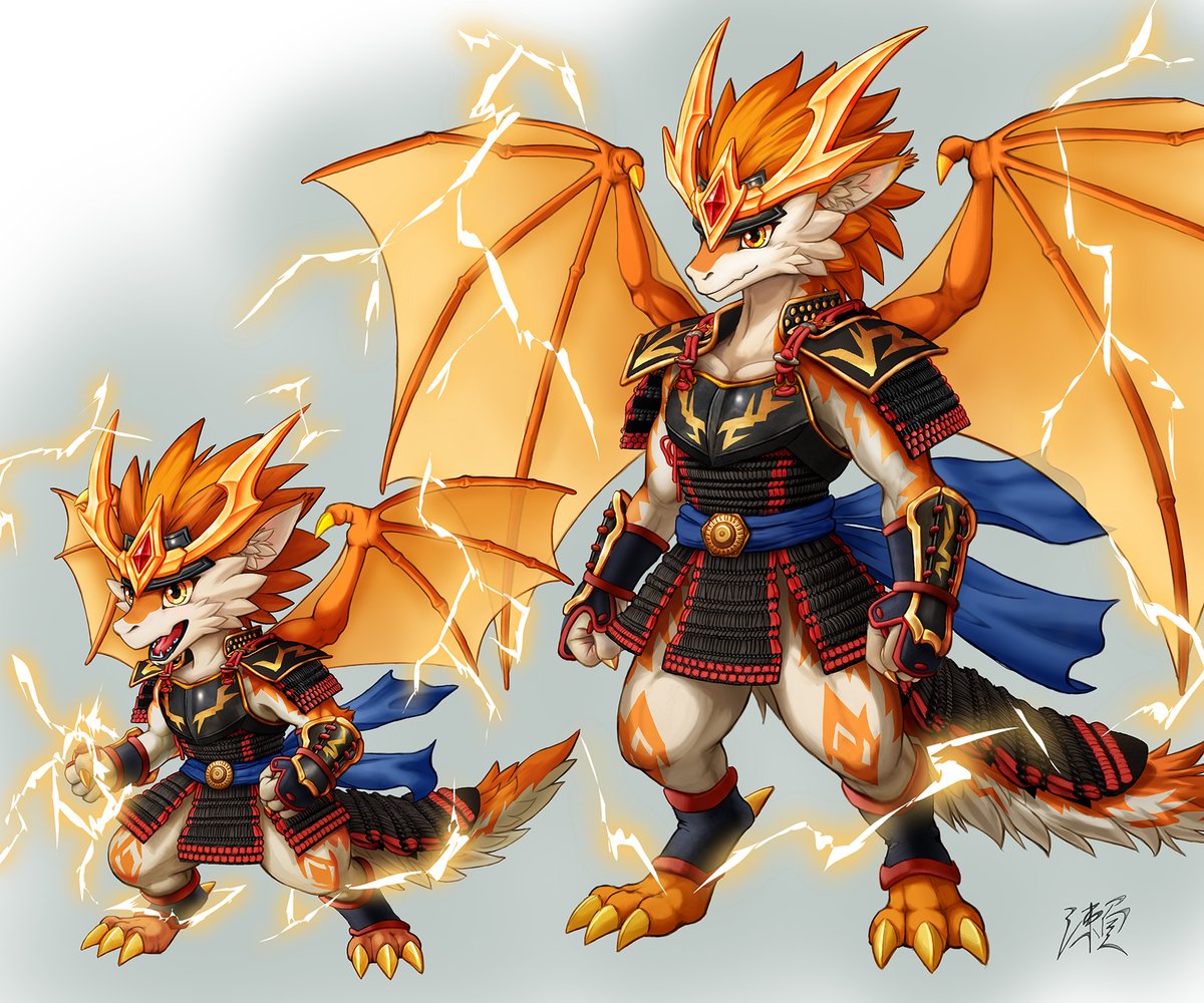 新しいオリキャラです。タケルの相棒の雷竜ミカヅチ。かっこかわいいでしょう？
My new OC. Mikazuchi the lightning dragon of mine.
He is a friend who fights alongside Takeru the wolf anthro.
Cool and cute, isn't he?
#ドラゴン #竜 #甲冑 #dragon #samurai #samuraiarmor