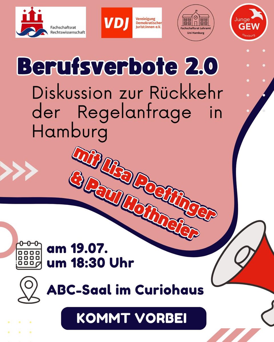 VDJinfo's tweet image. #Berufsverbote 2.0? – Die Rückkehr der #Regelanfrage in #Hamburg
Mit @lisapoettinger (Lehramtsabsolventin, derzeit Ausbildungsverbot) und Paul Hothneier (Rechtsanwalt, spezialisiert auf Beamtenrecht).
Mit: Junge GEW Hamburg, @FSRReWiUHH und FSR Lehramt.
vdj.de/termine/berufs…