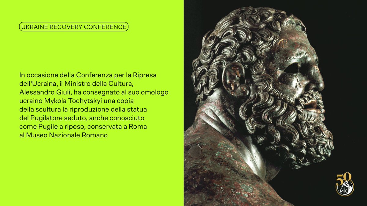 In occasione della Conferenza per la Ripresa dell’Ucraina, il Min. della Cultura Alessandro Giuli ha donato al suo omologo ucraino, Mykola Tochytskyi, una copia del Pugilatore seduto, simbolo di resistenza, fierezza e lotta per la Patria. Un gesto di vicinanza e augurio di pace