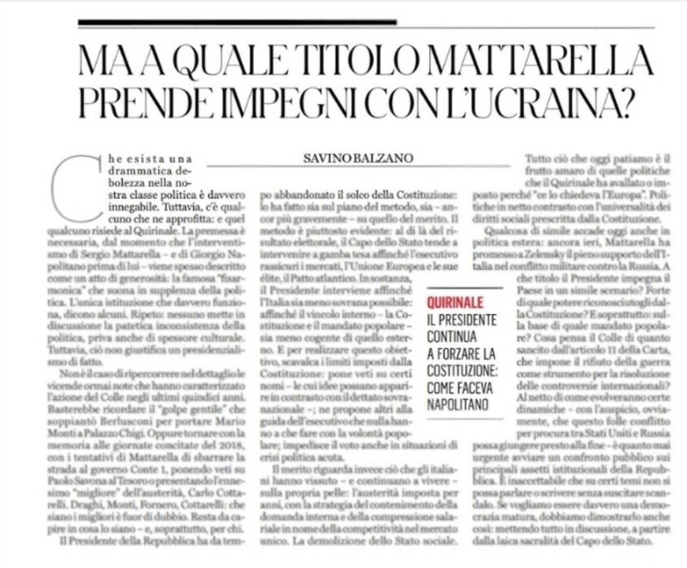 SavinoBalzano's tweet image. Su @fattoquotidiano di oggi, un mio articolo sull'interventismo — fuori dai confini della Costituzione — di Sergio #Mattarella.
Il tema resta centrale: la politica è debole... e il #Quirinale ne approfitta.