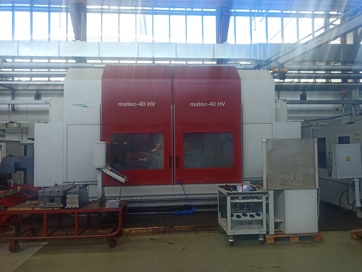 mach4metal's tweet image. 3-axis CNC machine (VMC)MATEC 40 HV 
X 3000mm
Y 825mm
Z 1100mm
B Axis 3 to + 105°
Table L 3500mm
Table W 835mm
Table load 3500
Feed rate X-Axis 48000mm/min.
Feed rate Y-Axis 80000mm/min.
Spindle Taper HSK 100ISO/Bt/Mk
Power on spindle 37kW
Speeds  8000Rpm
ATC  40
#matec #vmc