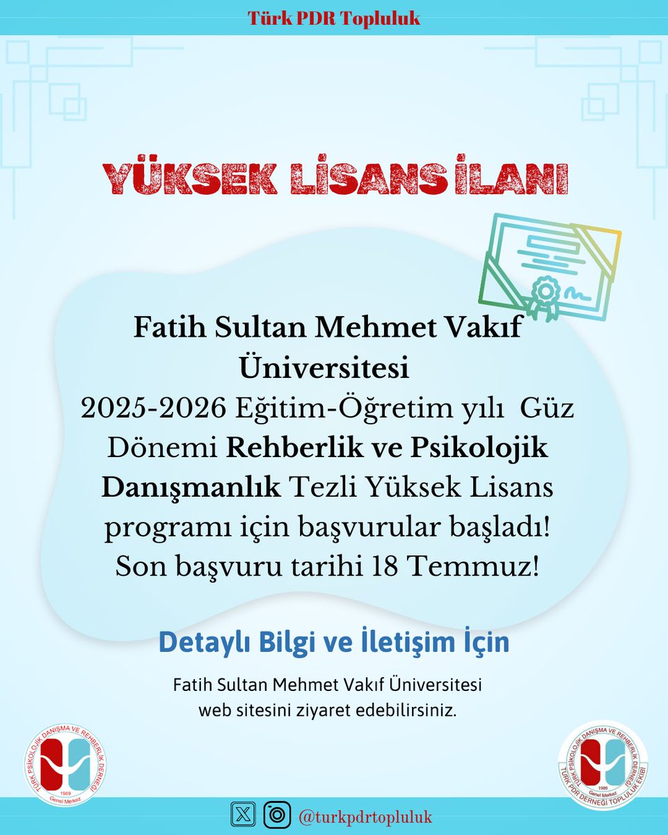 📍 Yüksek Lisans İlanı 

Fatih Sultan Mehmet Vakıf Üniversitesi 2025-2026 Egitim-Öğretim yılı Güz Dönemi Rehberlik ve Psikolojik Danışmanlık Tezli Yüksek Lisans Programı için başvurular başladı.

📝 Son başvuru tarihi 18 Temmuz 2025!

📌 Detaylı bilgi için Fatih Sultan Mehmet