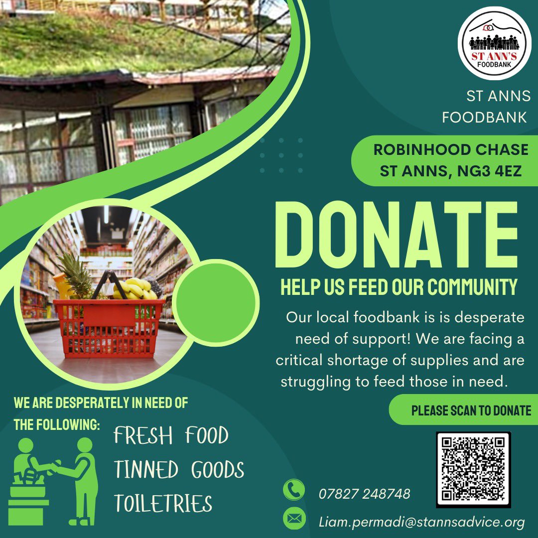 NadiaWhittomeMP's tweet image. St Ann’s Food Bank in Nottingham is running dangerously low on supplies. The centre is desperate for donations. Please give what you can.
Drop-off info: Robinhood Chase, St Ann's, NG3 4EZ.