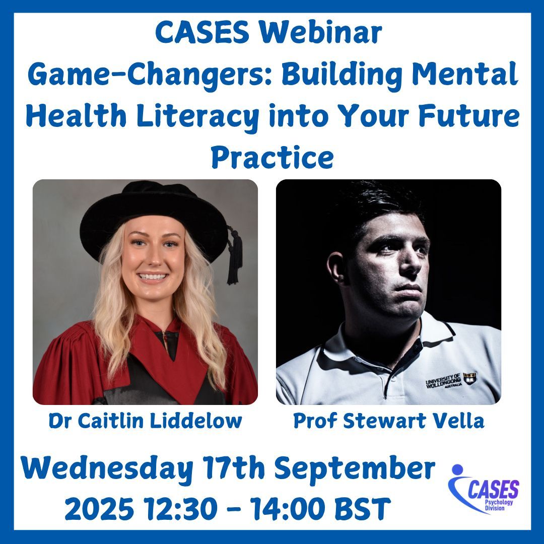 IrishSESA's tweet image. ISESA is happy to share the details for the upcoming @CASESsocial Webinar: 
CASES Mental Health in Sport Webinar: Dr Caitlin Liddelow and Professor Stewart Vella
Further information on the event and registration are available here: bases-live.workbooks.com/process/1QDN0U…