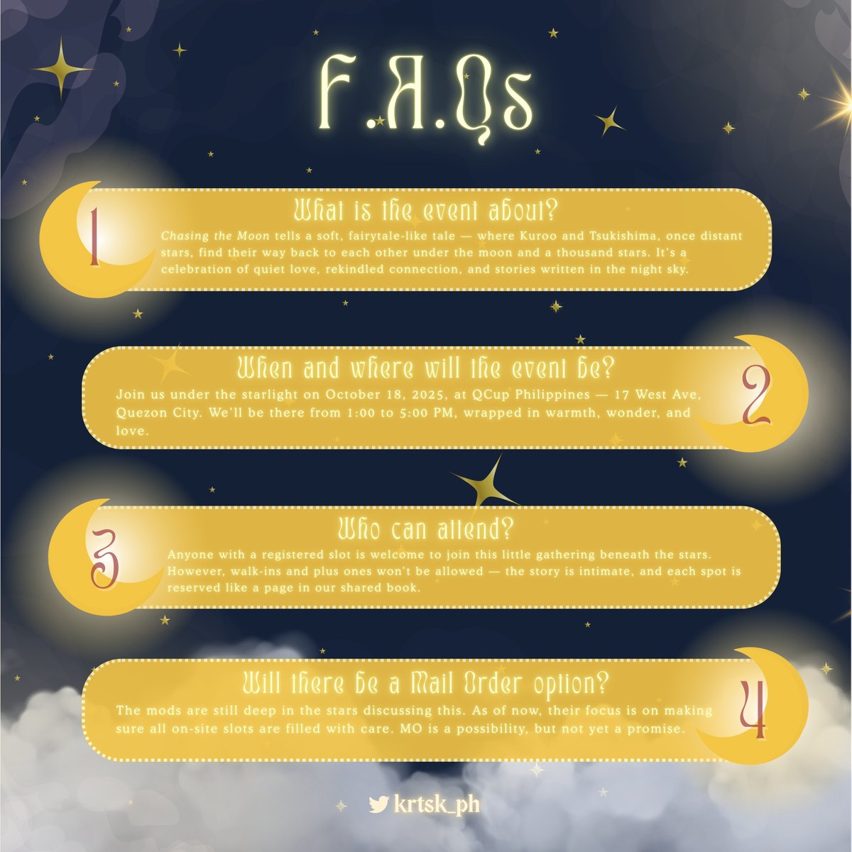 Krtsk_PH's tweet image. 🪄✨ Your moonlit invitation awaits…
We’ve gathered the answers to your most wondrous questions. 🐈⬛🌙
From registrations to merch magic — it’s all in our FAQ scroll. 🌙📜
#ChasingTheMoon
#KRTSKCSE2025