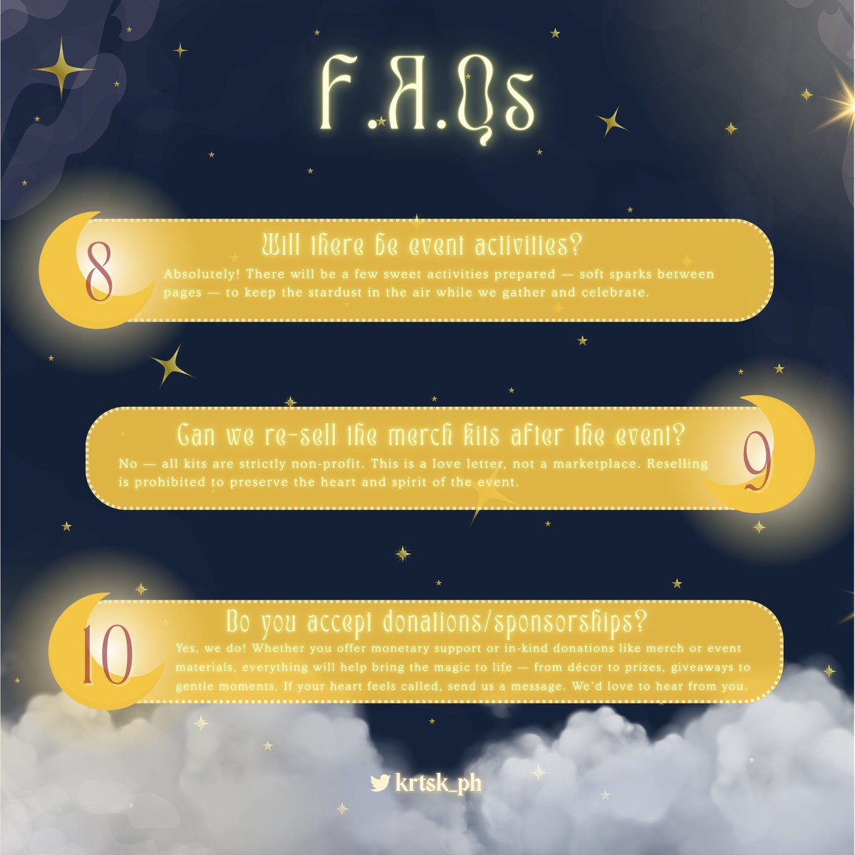 Krtsk_PH's tweet image. 🪄✨ Your moonlit invitation awaits…
We’ve gathered the answers to your most wondrous questions. 🐈⬛🌙
From registrations to merch magic — it’s all in our FAQ scroll. 🌙📜
#ChasingTheMoon
#KRTSKCSE2025