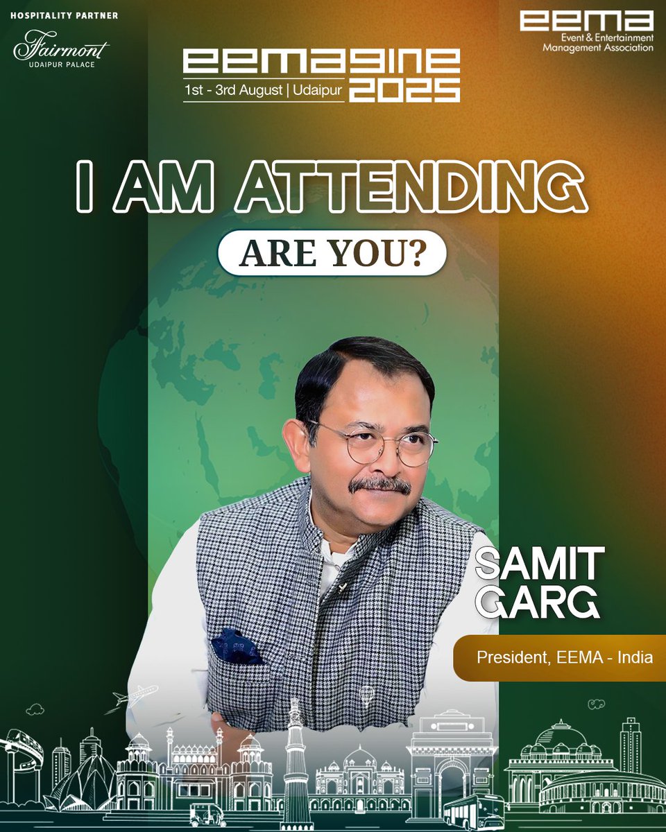 Samit Garg, President, EEMA India, extends a personal invitation for you to witness this groundbreaking revolution firsthand.

August 1st - 3rd, 2025
Fairmont Udaipur Palace 

Register now:

events.eemaindia.com/reg-events/gjd…

#EEMAGINE2025 #EEMAIndia #TakingIndiaToTheWorld #CreateInIndia