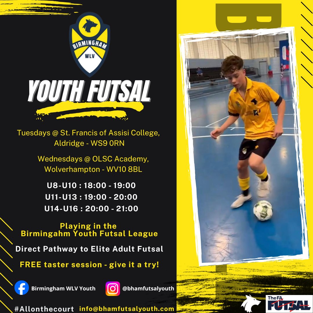 West Midlands RTC (@westmidlandsrtc) on Twitter photo Join us! ⚽️
Give it a try with a FREE taster session.
Direct pathway to elite adult Futsal with <a href="/Bhamfutsalclub/">BirminghamWLVFutsal</a>
Register now to avoid disappointment (limited spaces available per age group):
linktr.ee/bhamfutsalyouth
#allonthecourt #futsal #playerdevelopment #EnglandFutsal Join us! ⚽️
Give it a try with a FREE taster session.
Direct pathway to elite adult Futsal with <a href="/Bhamfutsalclub/">BirminghamWLVFutsal</a>
Register now to avoid disappointment (limited spaces available per age group):
linktr.ee/bhamfutsalyouth
#allonthecourt #futsal #playerdevelopment #EnglandFutsal
