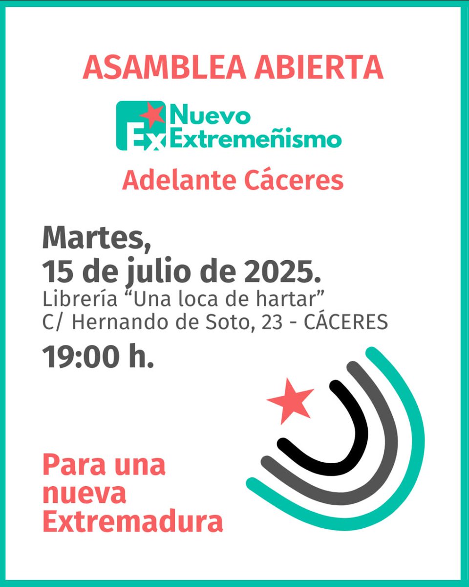 Queremos seguir construyendo una nueva Extremadura soberana y con capacidad de decisión propia.

Nos vemos el martes en Cáceres para hablar de cuestiones locales y más cosinas.