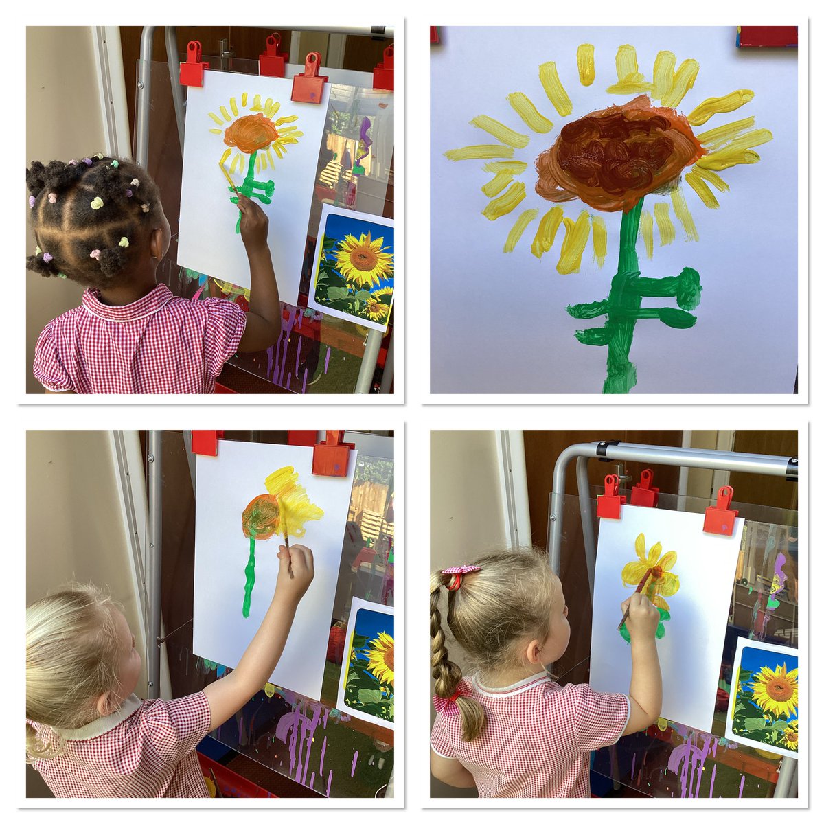 Nursery have been learning about Vincent Van Gogh. We studied his beautiful picture of the sunflowers and painted our own. We could name the stem,leaves, petals and seeds.#StGerEYFS #StGerArt