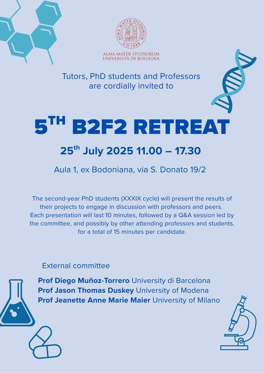 Join us for the 5th B2F2 Retreat! 🎓
📅 25th July 2025
🕚 11:00 - 17:30
📍 Aula 1, ex Bodoniana, via S. Donato 19/2  Bologna
Second-year PhD students (XXXIX cycle) will showcase their research, followed by Q&amp;A sessions. Don’t miss it!
#PhD #Research #Networking