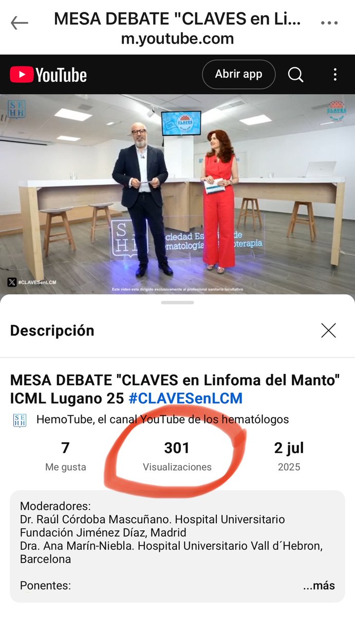#Hematología 

➕3️⃣0️⃣0️⃣ visualizaciones de la Mesa Debate: “Claves en Linfoma de Células del Manto”.

¡No te pierdas el resumen de las principales comunicaciones sobre este #linfoma presentadas en #EHA2025 y #18ICML y la opinión de los expertos.

youtube.com/live/TuDeJE-WL…

#lymsm