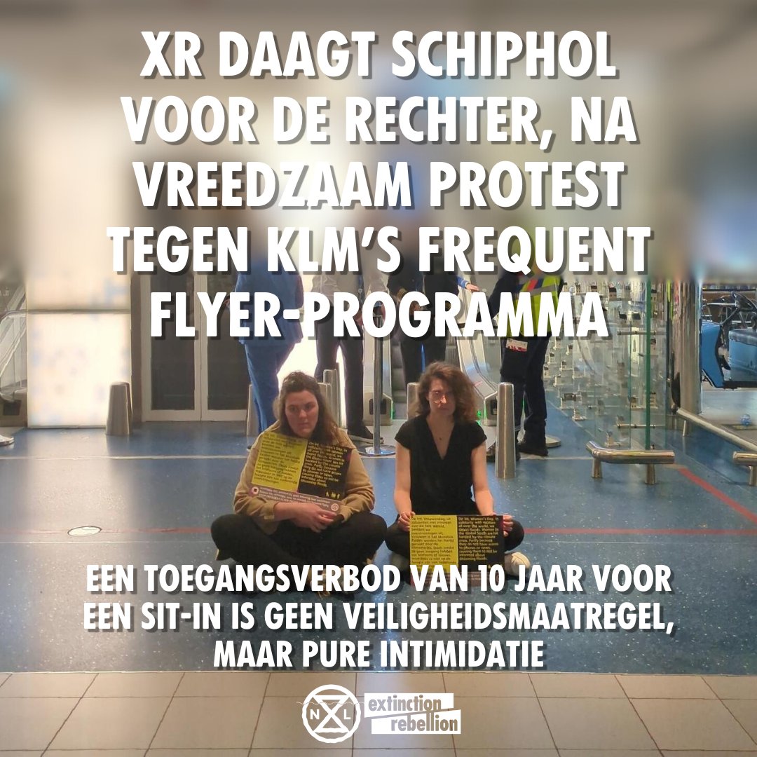 XR daagt Schiphol voor de rechter. Na vreedzaam protest tegen KLM’s frequent flyer-programma kregen 37 rebellen jarenlange toegangsverboden. Lees het persbericht: xrb.link/EY09r5