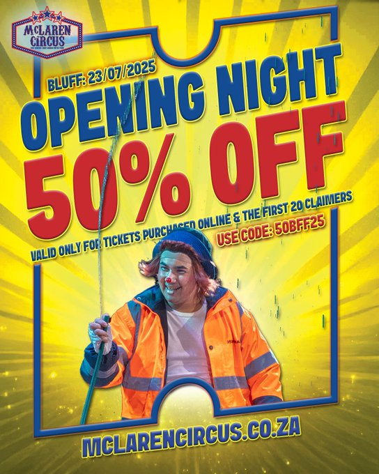 mclarenscircus's tweet photo. Claim 50% off your tickets for @mclarenscircus Opening Night in #Bluff on Wednesday 23 July 🎪😂🤡🥳😍❤️
#Durban #TheBluff #Bulwer #Clairwood #Glenwood #Montclair #Merebank #Mobeni #Merewent #Umbilo #Overport #Wentworth #eThekweni #KZN 
Buy Tickets Online: https://t.co/Y5XPaa1RcI https://t.co/Epbly7mLi6