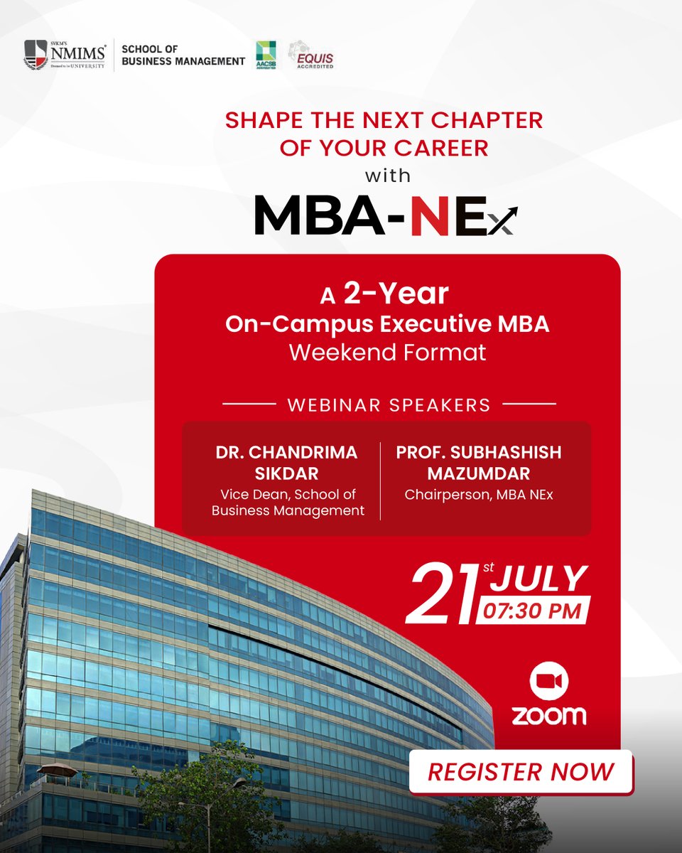 Fast-track your career without a break! Join our exclusive webinar on MBA-NEx – a 2-Year On-Campus Executive MBA tailored for ambitious working professionals.  

Attend our exclusive webinar to know more. 

Register now: sbm.nmims.edu/mba-Nex-premiu…

#MBANEx #NMIMSSBM #HybridMBA