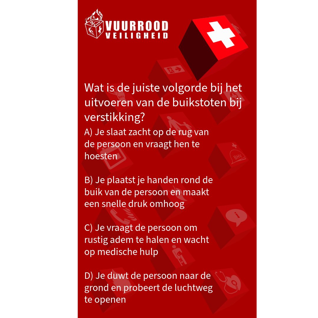 VuurroodBV's tweet photo. Weet jij het goede antwoordt?

Een buikstoot is een essentiële eerstehulptechniek die wordt toegepast wanneer iemand dreigt te stikken door een blokkade in de luchtwegen. 

 #EHBO #Veiligheid #buikstoten #eerstehulp https://t.co/vdmEYB8yWu