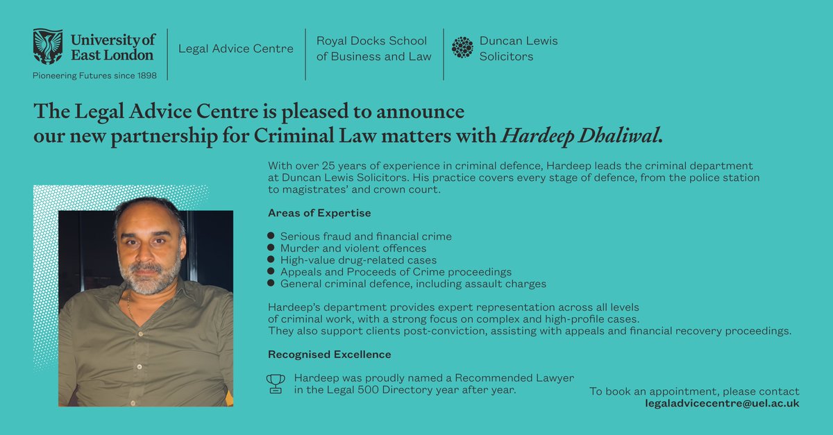 UELAdviceCentre's tweet image. New Partnership on Criminal Law Matters! π
The @UELAdviceCentre is delighted to announce our new Criminal Law partnership with Hardeep Dhaliwal from @DuncanLewis.
@SBL_UEL
@UEL_News