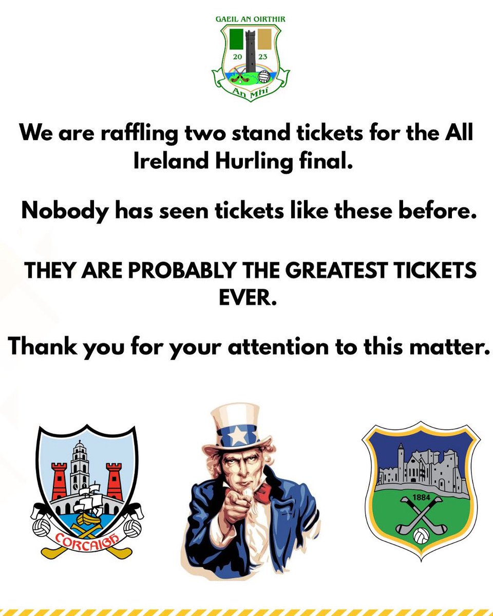 You can go to the All Ireland final with a friend and not have a great big beautiful bill!

For just €10 you can be in our draw for 2 All Ireland stand tickets for the mouth watering Cork v Tipperary finale. 

See here idonate.ie/raffle/AllIrel…

Good Luck 🍀