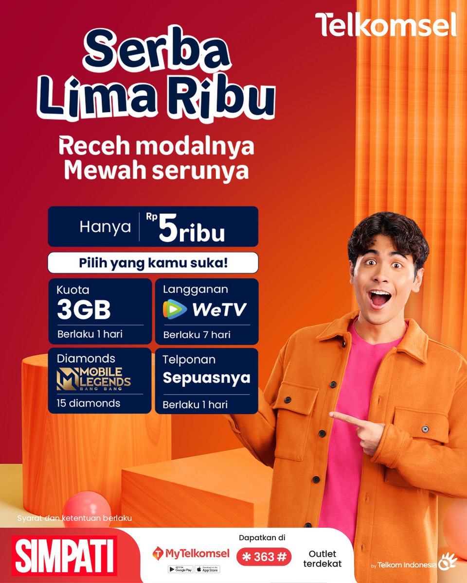 Telkomsel's tweet image. Aktifin paket Serba Lima Ribu Telkomsel dan pilih yang kamu mau:
 📱 Kuota 3GB
 🎮 15 Diamond ML
 📺 WeTV 7 hari
 📞 Telponan sepuasnya
Semua cuma Rp5.000! Cek tsel.id/mytelkomselapp sekarang!
*S&amp;amp;K Berlaku
#SerbaLimaRibu #RecehRasaMewah #SIMPATI #SIMPATITerbaikUntukmu
