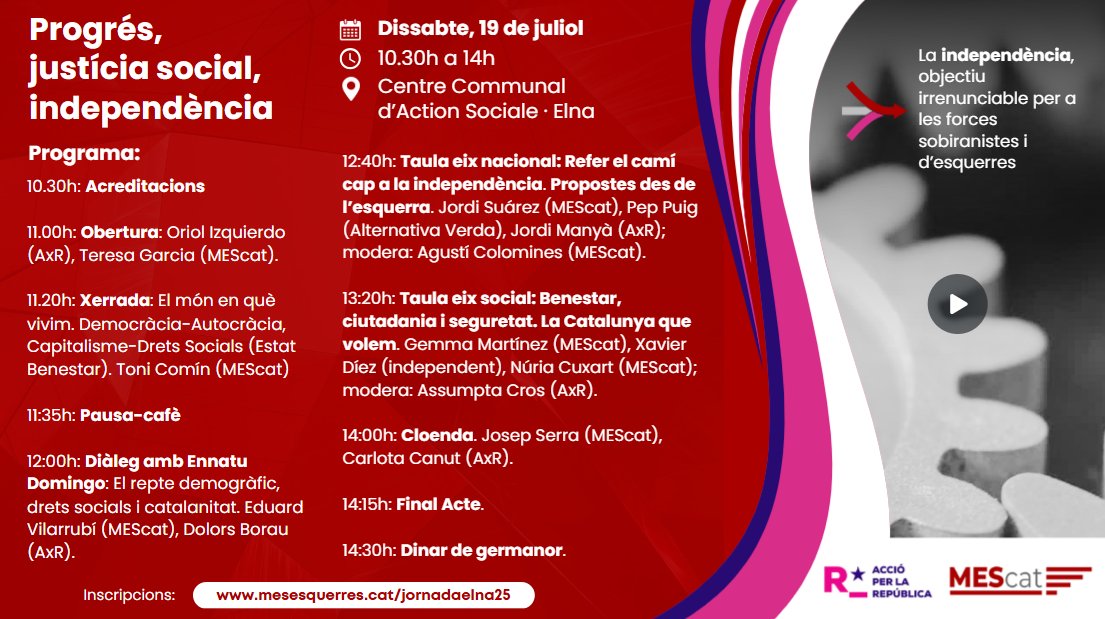 MEScat i <a href="/AccioxRep/">Acció per la República 🎗</a> organitzem la jornada "Progrés, justícia social, independència"
Us convidem a participar per bastir, entre tots, una alternativa viable i determinant per avançar cap a la República catalana.
🗓️19/07 - 11h.  
🏢Elna
Info + inscripcions: mesesquerres.cat/jornadaelna25/