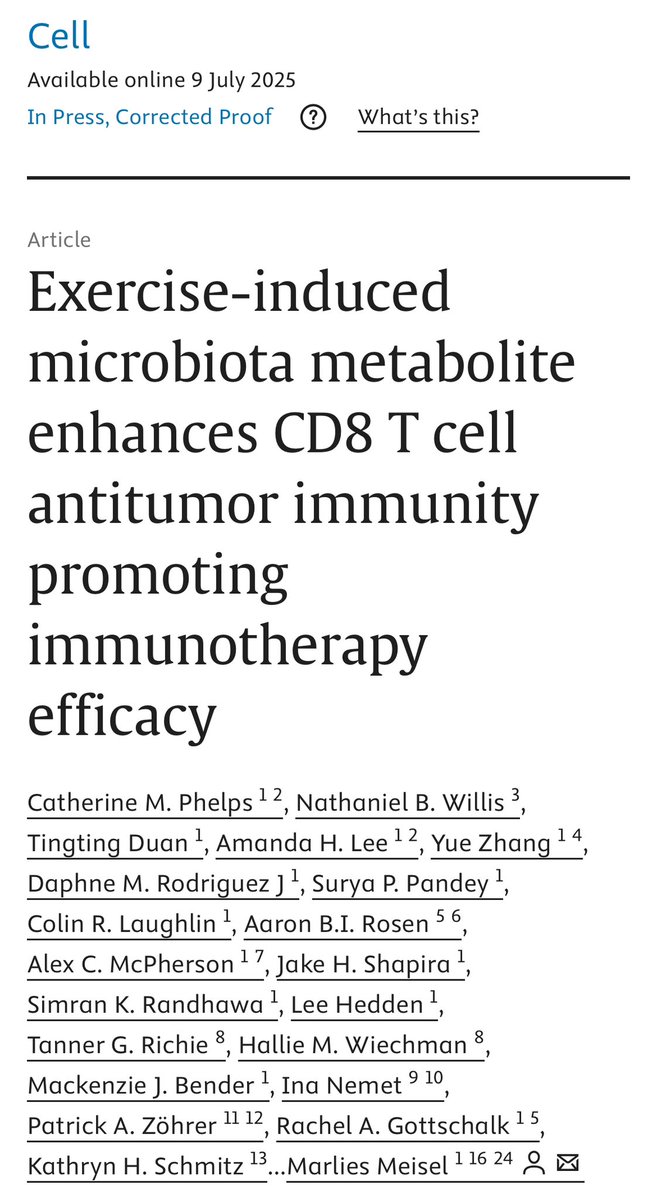 🏃‍♂️💥 Exercise boosts immunotherapy!
New study shows exercise increases gut microbiota-derived formate, enhancing CD8+ T cell–mediated antitumor immunity via Nrf2.
⭐️Formate may be a new biomarker for better ICI response in melanoma.

<a href="/CellPressNews/">Cell Press</a> <a href="/OncoAlert/">OncoAlert</a> #microbiome #cancer