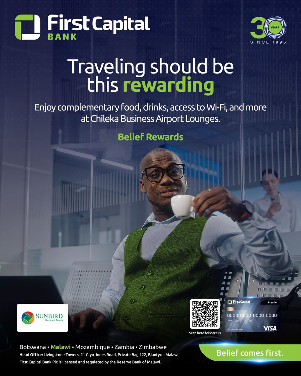 Enjoy food, drinks, Wi-Fi and more at Chileka International Airport Business Lounges (domestic and international) with your Premier Membership Card.

For details and more, check out the link below.
zurl.co/DUHm1

#FirstCapitalBank #beliefcomesfirst #30mbambande