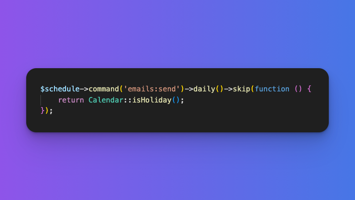 laravelbackpack's tweet photo. #Laravel Tip

Did you know... about the skip method of Laravel's scheduler?

You can define inside skip() when the command should NOT be executed: https://t.co/YMDEWeGe5k